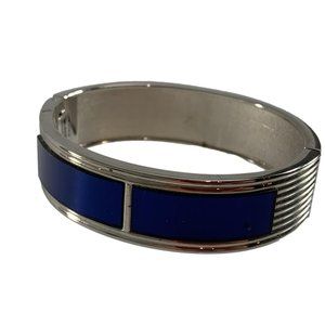 Silver Tone Bracelet Textured Clamper Style Blue Accents Bangle Modern